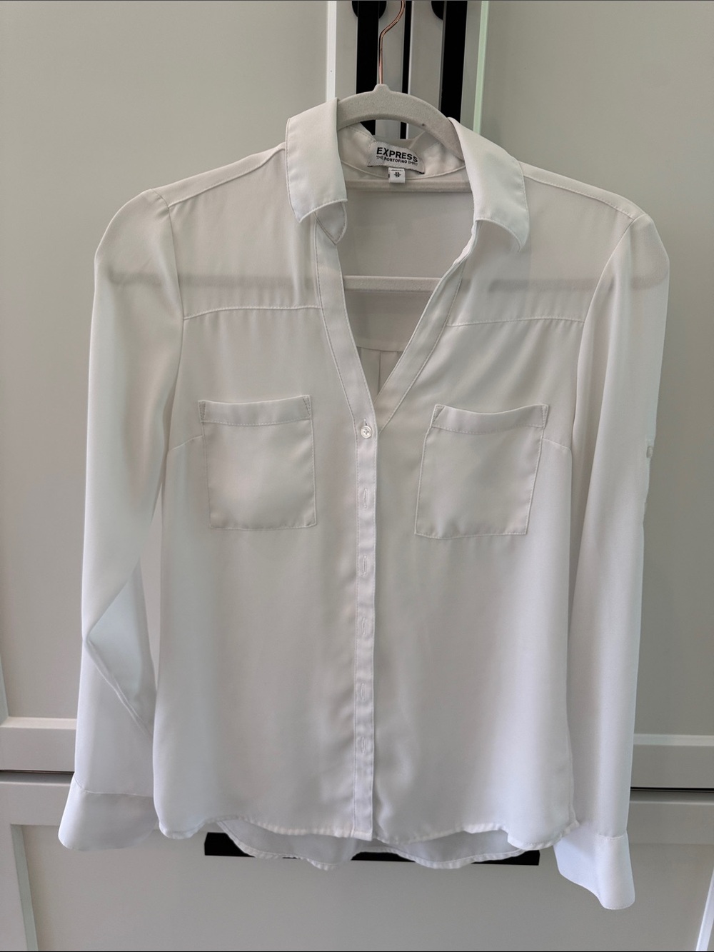 Express White Long-Sleeve Pocket Button Blouse